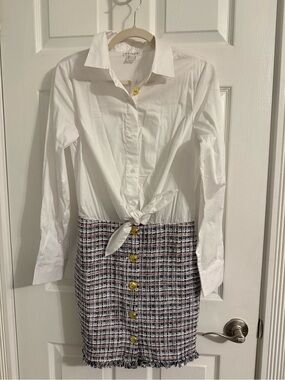 VENUS White Button-Front Shirt Dress with Tweed Skirt